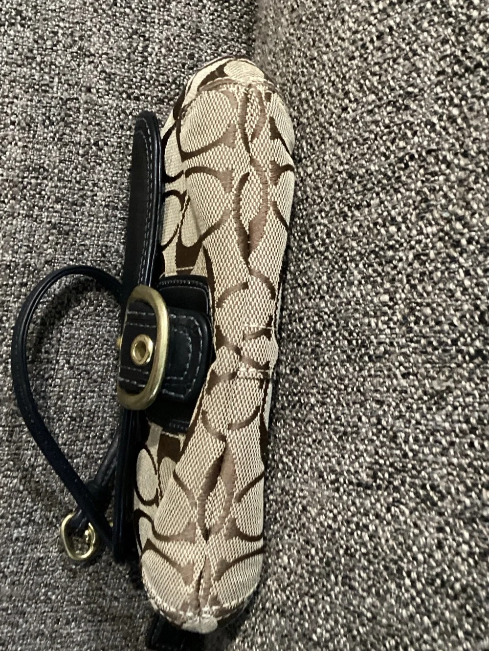 Coach Bleecker Brown Signature Canvas Wristlet with Black Leather Trim